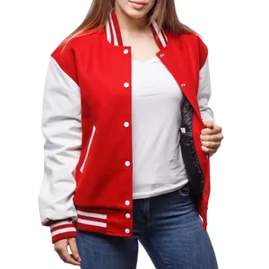 2023 OEM nueva llegada mujeres Varsity Lettermen chaquetas universitarias cuerpo de lana roja y cuero blanco genuino ODM - Product Image 2