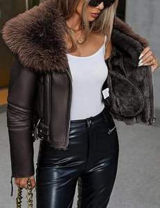 Vestes pour femmes veste en cuir véritable doublée vêtements d'extérieur d'hiver chauds design élégant avec col en fourrure amovible manteau à la mode - Product Image 6