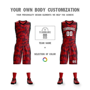 Conjunto de Uniforme de Baloncesto Personalizado con Estampado de Camuflaje Rojo para Hombre, Jersey Sublimado y Pantalones Cortos, Ropa Deportiva de Dos Piezas con Logotipo, Absorbe la Humedad - Product Image 5
