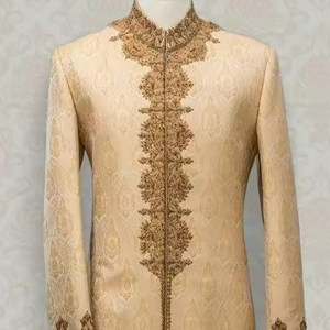 2024 Dazzling Embroidery Brocade Silk Sherwani Plus Size Groom Party Wear Matching <b>Pant</b> Shoe Embellished Crystal Glass Beads - Product Image 1