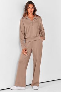 Conjuntos de 2 piezas para mujer, sudaderas informales con solapa y media cremallera y pantalones de pierna ancha, conjuntos de chándal - Product Image 6