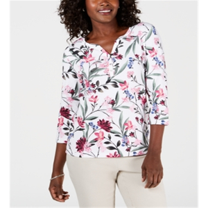 Top Henley da donna Karen Scott con stampa floreale bianca in poliestere taglia Petite S per la stagione primavera/estate - Product Image 1