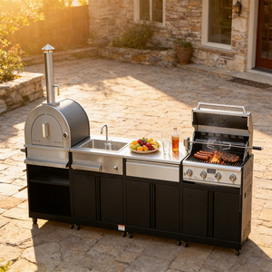 Ensemble de cuisine extérieure modulaire en acier noir thermolaqué - Combo barbecue, <span class=keywords><strong>four</strong></span> à pizza et chariot de service - Product Image 1