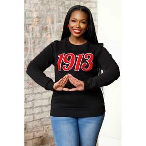 1913 Script Chenille Crewneck Sweatshirt Black Premium <b>Fleece</b> Sorority Apparel Greek DST Delta Casual Winter Top - Product Image 1