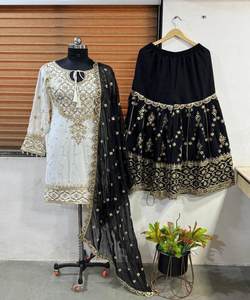 NOUVEL ARRIVÉ GEORGETTE BRODERIE SÉQUENCE TRAVAIL TOP SHARARA AVEC DUPATTA MARIAGE VÊTEMENT ETHNIQUE NOIR PRIX DE GROS - Product Image 6