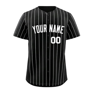 เสื้อเบสบอลลายเส้นสีดำแบบกำหนดเอง เสื้อทีมติดกระดุมเต็มตัว ปักชื่อได้ ระบายอากาศ แห้งเร็ว ผลิตจากโพลีเอสเตอร์ - Product Image 1