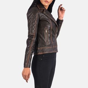 Carolyn – veste de motard Vintage marron pour femme, en cuir véritable peau de mouton, Aniline, fermeture éclair, doublure et intérieur en Viscose - Product Image 4