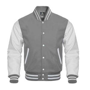 Personnalisable Hommes Blanc En Cuir Véritable Varsity Veste Stand Hiver High Street Letterman Baseball Style Gris Laine Corps Snap - Product Image 1