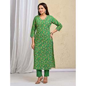 Green <b>Block</b> <b>Printed</b> Cotton Kurta Pant Set Mulmul Dupatta Indian Ethnic Style for Parties Special Occasions Net Fabric Stitched - Product Image 5