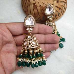 Gold Plated <b>Green</b> Stone Kundan Polki Jhumki Made of Alloy Material - Product Image 1