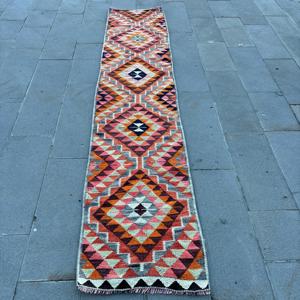 Turkish Vintage <b>Rug</b>, 2.2x10.4 ft <b>Runner</b> <b>Rug</b>, Orange Pink Ikat <b>Rug</b> - Product Image 1