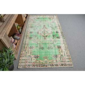 Tapis turc vintage 3.5 x 6.8ft vert beige laine Patchwork Design Latex pour la maison salon chevet rectangulaire couloir Tabriz - Product Image 1