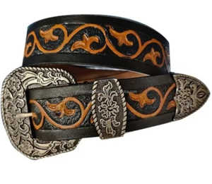 Cinturón de herramientas de cuero occidental tallado a mano personalizado con patrón en relieve para hombres y mujeres con conjunto de hebilla floral de diseñador de 3 piezas - Product Image 1