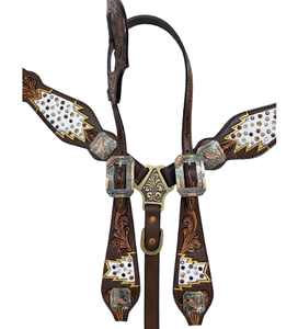 Bride de collier de poitrine en cuir perlé occidental sculpté à la main avec topaze pour l'équitation - Product Image 4