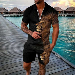 Polo à manches courtes pour hommes, ensemble de 2 pièces avec impression numérique, ensemble de chemise de rue décontracté pour les vacances et les sports de plein air, ensemble de 2 shorts polo - Product Image 2
