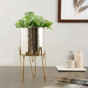 Jardinière moderne en métal avec finition cuivre brillant de forme cylindrique pour la décoration de jardin de bureau à domicile - Product Image 6