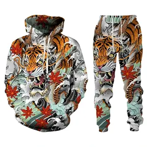 Trend Tiger 3D setelan olahraga pria, Hoodie kasual dan celana set 2 potong kaus ukuran besar modis