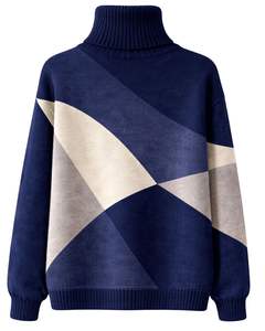 Customized Premium <b>Women</b> Turtleneck Color Block Knit Sweater Soft <b>Warm</b> Winter Pullover Casual Fashion <b>Top</b> Navy Blue Color - Product Image 2