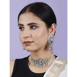 GS Peacock <b>Choker</b> with Turquoise SkyBlue Flower and Yellow for Party Occasions - Product Image 3