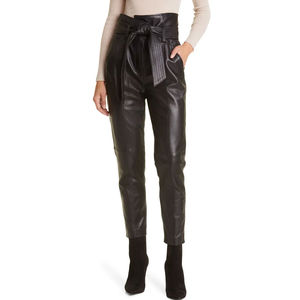 Pantalon pour femme en cuir véritable avec taille élastique, coupe droite, devant plat, tissu en toile, saison hivernale - Product Image 2