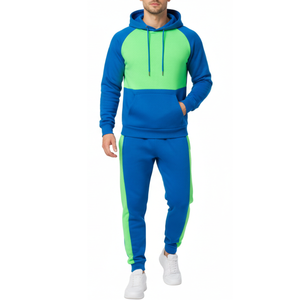 Ensemble de survêtement pour homme multicolore en gros - Sweat à capuche bicolore bleu électrique et vert lime avec pantalon de jogging à rayures latérales contrastées - Product Image 1