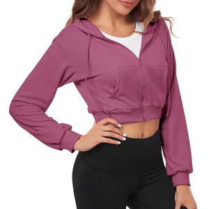 Sweat à capuche léger de haute qualité personnalisé pour femmes, doublé pour l'hiver, avec fermeture éclair, respirant, sweat à capuche court en couleur unie - Product Image 3