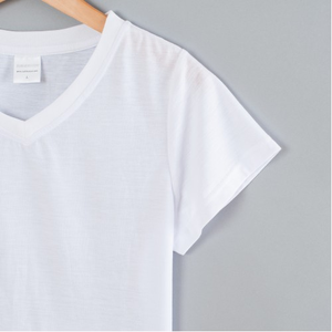 T-shirt blanc uni en polyester à col en V pour femme - Polyester effet coton - Product Image 4