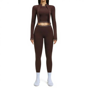 Premium Nylon Spandex 3-Piece <b>Workout</b> Set for Women Fitness Bra High Waist Trousers Zip-Up <b>Jacket</b> Four-Way Stretch Breathable - Product Image 1