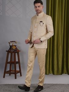 ชุดสูทของผู้ชายผ้าโพลีเอสเตอร์2ชิ้นคอตั้งพอดีตัวปกติระบายอากาศได้ดีชุดปาร์ตี้ด้านหน้าแบนกระดุมยาว - Product Image 4