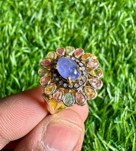 925 Sterling Silver <b>Fine</b> <b>Ring</b> with Natural Diamond Tanzanite Tourmaline Gemstones Classic Gold Plating Bezel Setting for Wedding - Product Image 5