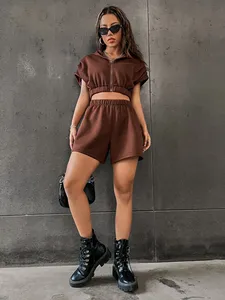 High Quality Solid Casual Gym Crop Top Hoodies Women Custom Two Piece <b>Shorts</b> Set <b>Zip</b> up Hoodies Sweatsuit - Product Image 5