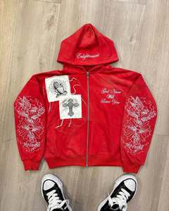 Streetwear broderie personnalisée en détresse unisexe 400GSM poids lourd surdimensionné fermeture éclair soleil délavé à l'acide applique à capuche - Product Image 3