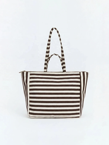 Bolsa de lona a rayas marrones para mujer, con cierre de cremallera grande, asa suave, bolsa de compras reutilizable, tamaño personalizado con logo impreso. - Product Image 1