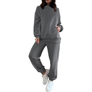 Jersey gris de Algodón 100% con hombros caídos para mujer, chándales, sudadera con pantalones para correr, conjuntos de dos piezas - Product Image 1