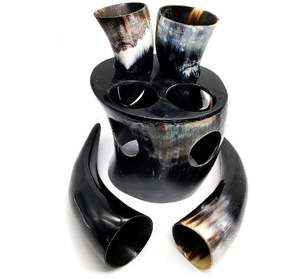 Authentic Viking Artisan Craft Drinking Horn Set Handcrafted 4-Piece Nautical Style <b>Shot</b> <b>Glass</b> Stand Animal Design Polished - Product Image 3