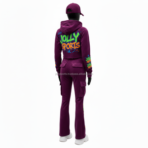 Ensemble de survêtement pour femmes en molleton lourd en coton et polyester 300 GSM, violet, deux pièces, logo personnalisé imprimé à l'écran, survêtements grande taille - Product Image 5