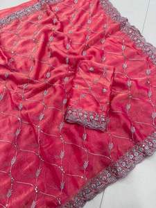 Sari de Chifón Fendy con Bordado de Lentejuelas, Hermoso y Ligero, Conjunto de Sari y Blusa para Fiesta, Hecho en India - Product Image 3