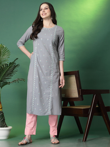 Standard Quality Pure Cotton Fabric V-neck <b>Three</b> Quarter Sleeves A-Line Silhouette Summer Grey Color Embroidery Work Kurti Sets - Product Image 2