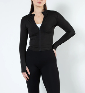 Chaqueta deportiva de otoño para mujer personalizada al por mayor, chaqueta de manga larga con cremallera, transpirable, piel de oveja, soporte, algodón tejido teñido liso - Product Image 5