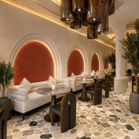 Meubles de restaurant de luxe à Dubaï, table en pierre naturelle et chaise en bois, banquette de restauration rapide sur mesure pour hôtel et café
