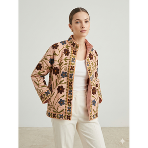 Dusty Peach Hand-Embroidered Floral Velvet <b>Jacket</b> Quilted Varsity Outerwear Stand Short Boho Reversible <b>Suede</b> Leather for Autumn - Product Image 1