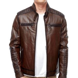 Venta superior Canleo Men's Brown Leather Varsity Bomber Jacket Moda Tallas grandes Cremallera Piel de oveja Chaquetas marrones para motociclistas - Product Image 3