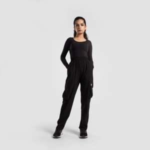 Pantalon cargo taille haute Ristic noir en coton tissé avec motif brodé, taille XL, coupe droite, jambe large, saison été et printemps - Product Image 4