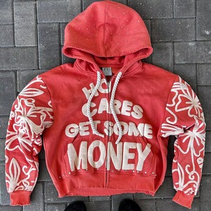 Sudadera con Capucha de Felpa de Algodón Francés de 460 g/m², Personalizada, con Estampado 3D Desgastado, Estilo Holgado, Lavado Ácido, Corte Recto, Talla XL con Pedrería - Product Image 2