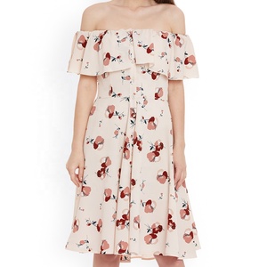 Breathable Ruffled High Quality Women's Viscose Floral Print Off-Shoulder Casual Fit and Flare <b>Summer</b> Mid-Calf <b>Dress</b> - Product Image 1
