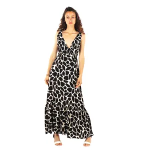 Robe sans manches à col en V imprimé animal exotique en viscose à volants longs imprimés noirs et blancs pour une taille d'été décontractée petite