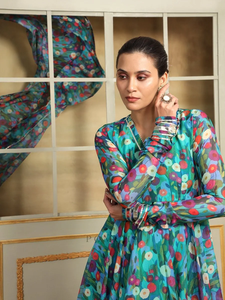 SAADGI PHULWARI ANARKALI SET Mujeres Floral Print Flared Kurta Set Mujeres Organza Kurta Pant Dupatta Set - Product Image 6