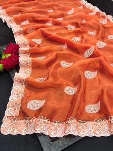 Saris de seda de organza para mujer, adornados con perlas de diamantes de Swarovski, bordado de hilo blanco - Product Image 5