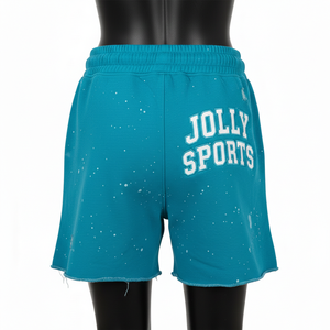 Shorts de mujer de algodón suave y poliéster con forro polar, color verde azulado, dobladillo sin rematar, elásticos, cómodos, con detalle de cadena y logotipo personalizado. - Product Image 5
