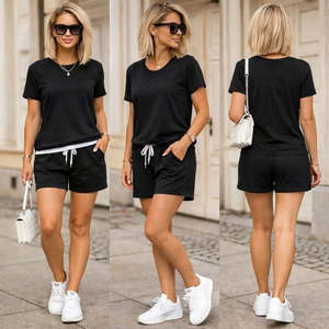 Women'<b>s</b> Short-Sleeve Crew Neck Viscose Two-Thread Fabric <b>Blouse</b> <b>and</b> Shorts Two-Piece Set, 32776 - Black - Product Image 5